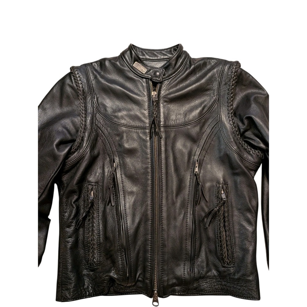 Harley Davidson Womens WILLIE G Zip Off Sleeves Black Leather Jacket 98515 M - Picture 6 of 12